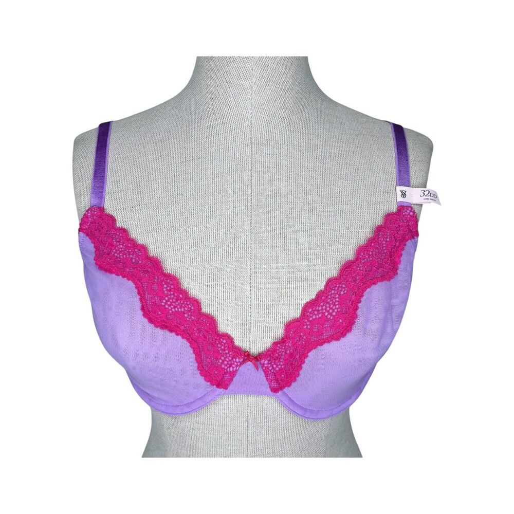 Victoria's Secret Tease Unlined Demi Bra sz 32DD * Pink Purple Sheer Mesh Sexy